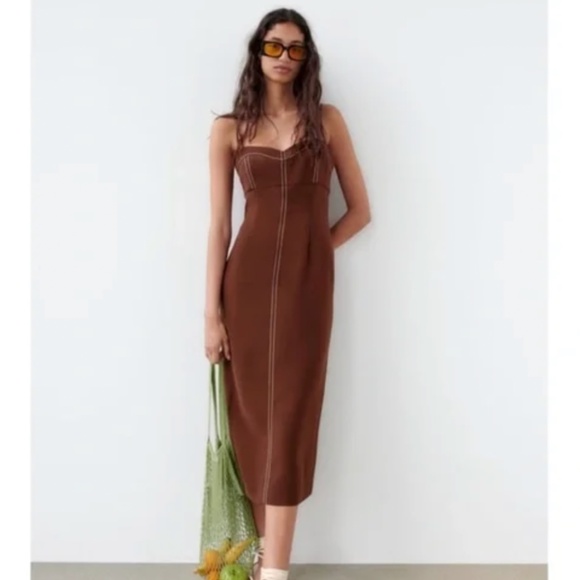 Zara Dresses & Skirts - Zara Brown Topstitch Midi Dress